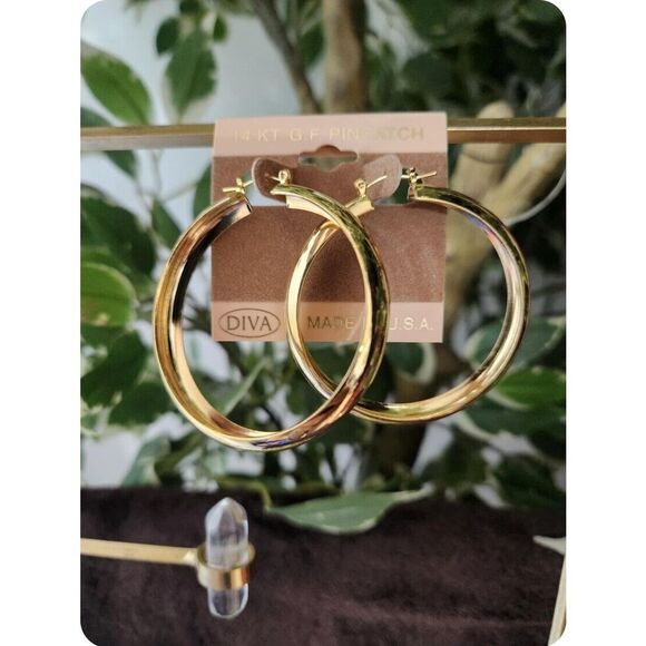 NEW 14 K GOLD FILLED PINCATCH Hoop EARRINGS 2 IN - Picture 1 of 7
